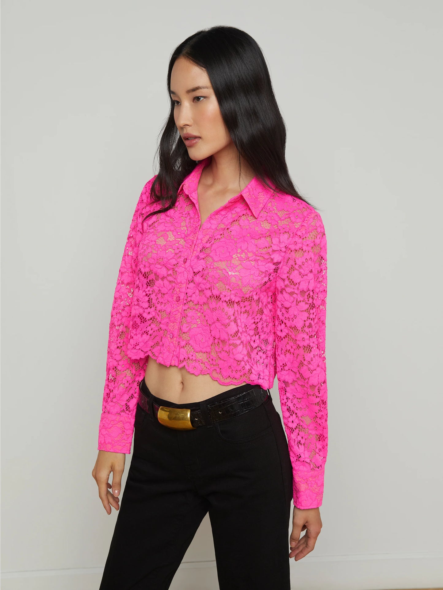 *PREORDER* AKEMI LACE CROPPED BLOUSE - PINK GLO