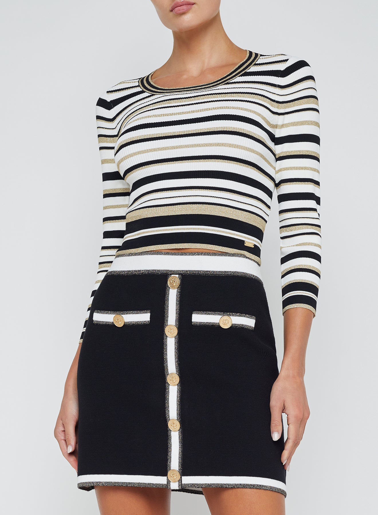 YUKIO STRIPED CROP CREW - WHITE/BLACK/GOLD STRIPE