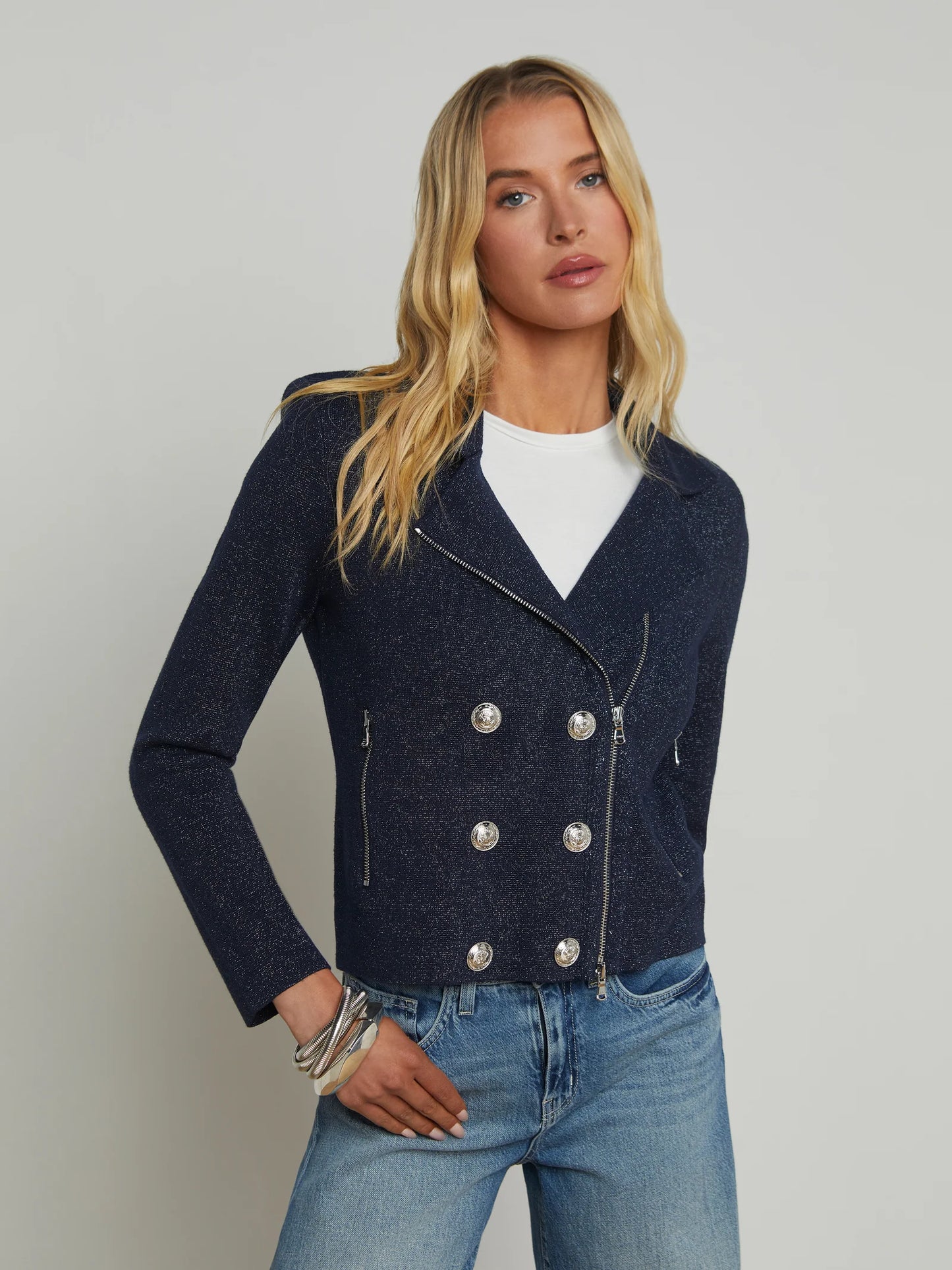 CHIA METALLIC KNIT BIKER JACKET - MIDNIGHT/NICKEL