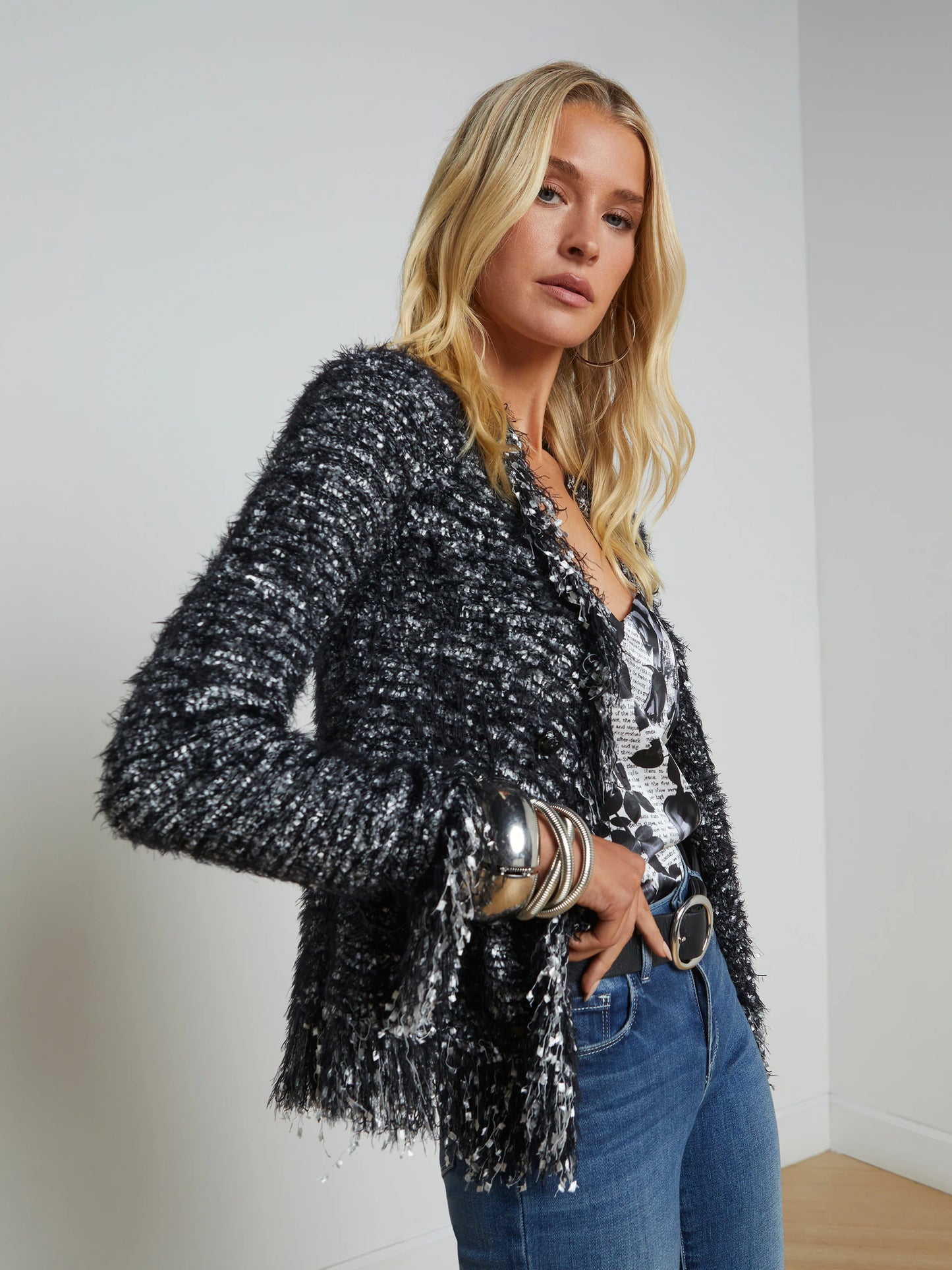 AZURE CARDIGAN BLAZER - BLACK/SILVER MULTI